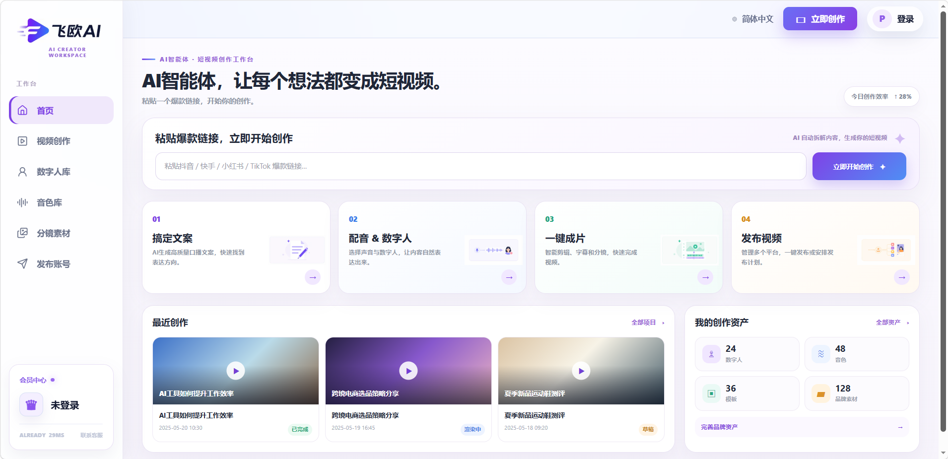 飞欧 AI 数字人短视频创作工作台界面